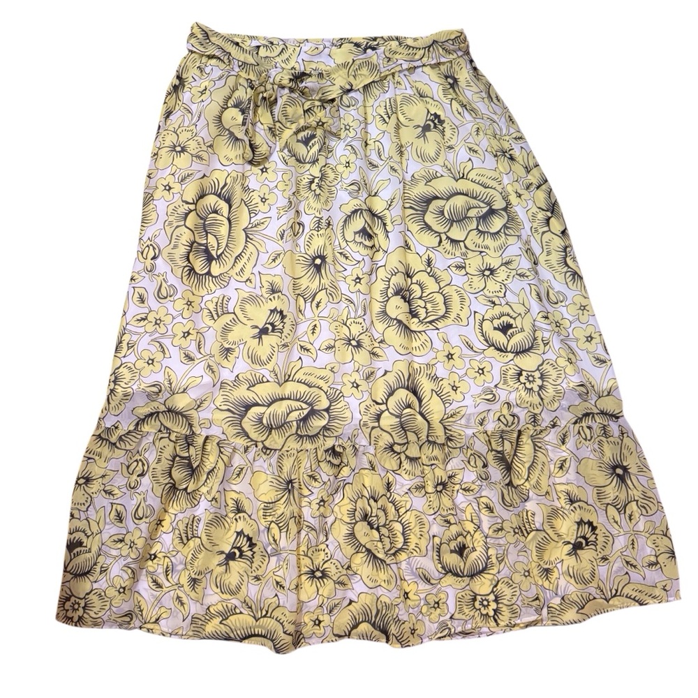 Ann Taylor Factory Size 14 Yellow Vacation Floral Print Belted Tiered Maxi Skirt